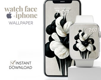 Floral Apple Watch Wallpaper, Black and White Botanical iWatch Smart Watch Background Design, Apple Watch Face & iPhone Wallpaper