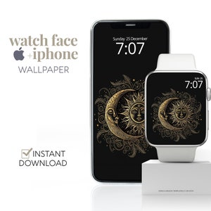 May include: A digital watch face design featuring a gold crescent moon and sun with ornate details on a black background. The design is shown on both an Apple Watch and an iPhone screen.