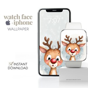 Sfondo per quadrante Apple Watch con renne di Natale, sfondo per smartwatch festivo, quadrante per orologio con animali invernali ad acquerello, simpatico regalo di Natale