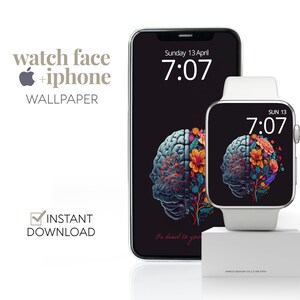 Könnte beinhalten: Ein digitales Zifferblatt-Design mit einem stilisierten Gehirn, aus dem Blumen wachsen. Das Design wird sowohl auf einem iPhone als auch auf einer Apple Watch angezeigt. Der Text "Be kind to you" wird auf dem iPhone-Bildschirm angezeigt.