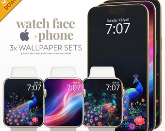 Pfau Apple Watch Face Phone Wallpaper, Frühling Neon Feder Botanische Smartwatch Digitaler Hintergrund, iPhone Lebendige Farbe Wave Floral Set