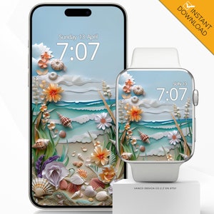 May include: A digital illustration of a beach scene with seashells, flowers, and waves. The image is displayed on a smartphone and a smartwatch, both showing the time as 7:07.
