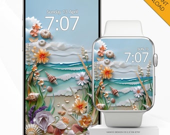 Sommerspaß-Telefon- und Apple-Watch-Hintergrundbild, Muscheln, Sand, Strand, Urlaubsstimmung, Smartwatch-Hintergrund, Sonne, Meer, Ozean, entspannendes Urlaubsbildschirmgesicht