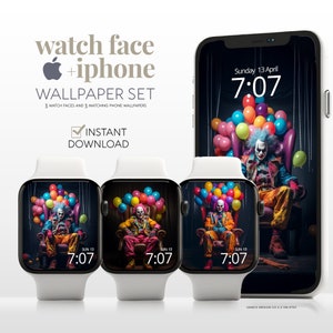 Creepy Circus Clown Apple Watch Face Halloween Phone Wallpaper Set, Scary Carnival Smartwatch, Haunted Fair iWatch iPhone Background
