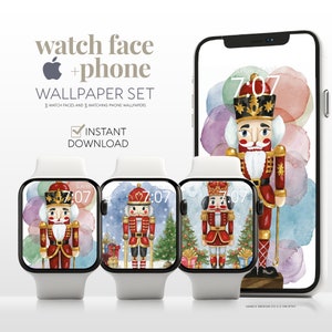 Könnte beinhalten: Ein Set mit 5 Zifferblättern und 5 Handy-Hintergrundbildern mit einer Aquarell-Illustration eines Nussknackers. Die Zifferblätter zeigen die Zeit und das Datum an, während die Handy-Hintergrundbilder einen bunten Hintergrund mit dem Nussknacker in der Mitte zeigen.
