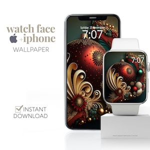 Sfondo natalizio in stile Art Nouveau con quadrante di Apple Watch, elegante e affascinante pallina di Natale, decorazione natalizia, smartwatch e design estetico del telefono