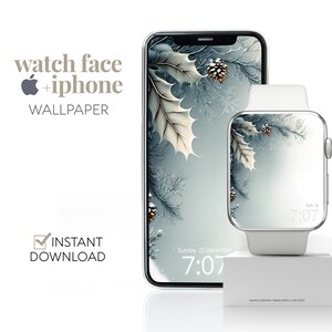 Sfondo invernale per Apple Watch, sfondo per smartwatch natalizio, rami di agrifoglio bianco blu e estetica del quadrante invernale