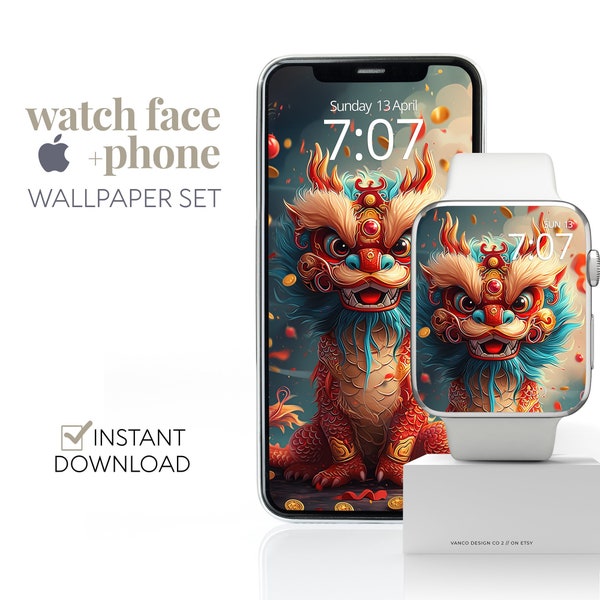 Year of the Dragon iPhone & Apple Watch Wallpaper, Chinese New Year 2024 Smartwatch, Cute Chinese Zodiac Lunar New Year Aesthetic Watch Face