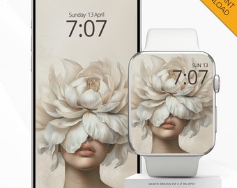 Apple Watch Phone Wallpaper Blumenkopf Kunst Frauengesicht, digitales Ölgemälde Galaxy Smartwatch Hintergrund, surreale Blumenmode für Sie