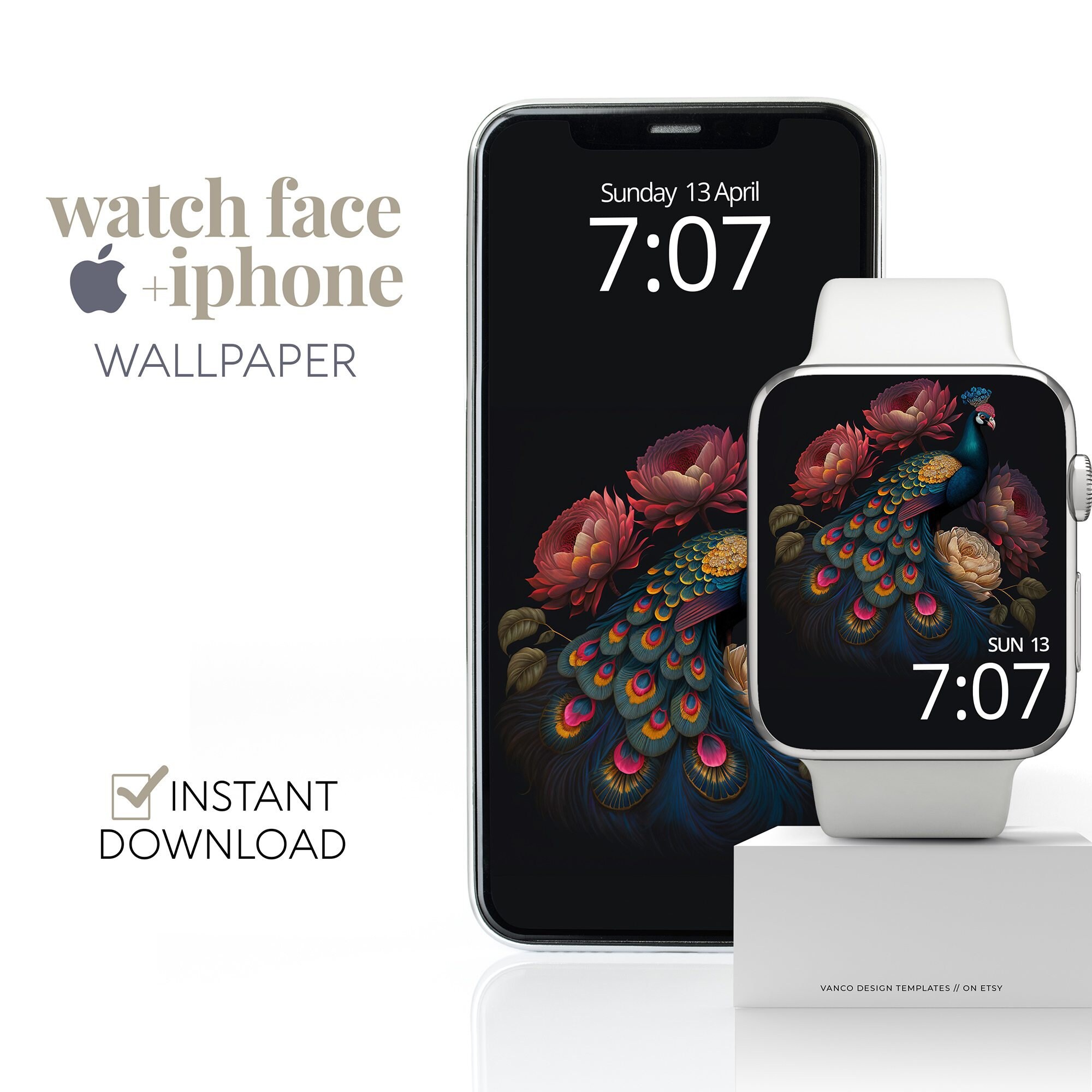 Vintage Peacock Apple Watch Face & iPhone Wallpaper, Dark Floral Peonies Smartwatch Background, Dark Moody Botanical Dark Academia Aesthetic