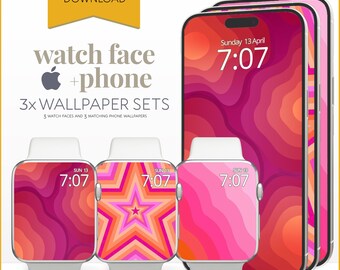 Gewelltes rosa Hintergrund-Tapeten-Apple-Uhr-Gesicht-Telefon, trendige rosa orange Wellen abstraktes Bildschirmdesign, lebendige Farbe Retro Smartwatch-Set