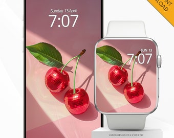 Disco Kirschrot Apple Watch Face Phone Wallpaper, Funky Retro 70er Jahre Mädchen Geschenk Smartwatch Digitaler Hintergrund, iPhone Obst Kirschen Y2K Screen Art