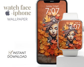 Fondo de pantalla de hojas de otoño para Apple Watch, conjunto de teléfono con esfera, diseño de arte callejero de mujer elegante, fondo digital para reloj inteligente, estética para iPhone