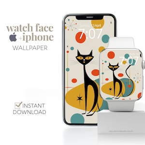 May include: A digital watch face and iPhone wallpaper featuring a black cat with yellow eyes standing on a yellow, orange, and blue abstract background. The watch face displays the time as 7:07 and the date as Sunday 13 April. The iPhone wallpaper displays the time as 7:07.