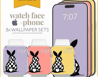 Checkered Bunny Apple Watch Face Phone Wallpaper, Easter Checkerboard Rabbit Aesthetic Smartwatch Background, Retro Check Spring Colours Set