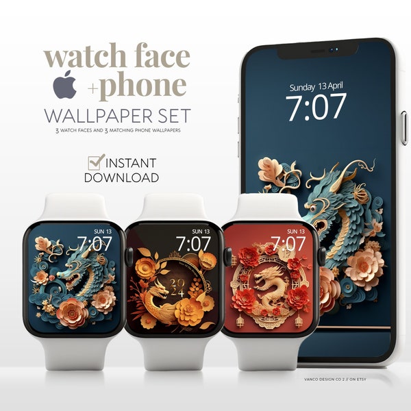 Papier peint Apple Watch Année du dragon, lot de montres connectées Nouvel an chinois 2024, cadran esthétique du nouvel an lunaire du zodiaque chinois