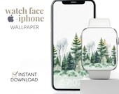 Winter Pine Tree Apple Watch Wallpaper, Misty Mountain Landscape Smartwatch Wallpaper, Modern Minimal Watercolor Watch Face Phone Wallpaper