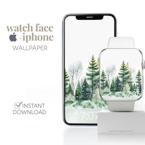 May include: A digital illustration of a snowy forest scene with pine trees. The image is designed for use as a watch face and phone wallpaper. The text "Sunday 25 December 7:07" is displayed on the watch face.
