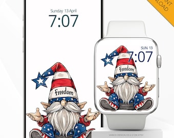 American Flag Gnome Apple Watch Face Wallpaper 4th July, Patriotic Independence Day iPhone Background, Freedom USA America Smartphone Screen