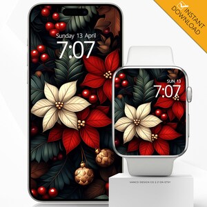 Sfondo natalizio per Apple Watch e telefono, decorazione tradizionale con fiori di Poinsetta, sfondo per le vacanze con rami di pino e estetica invernale