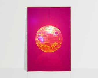 Disco Print Pink Mirror Ball Poster, 70s Preppy Stuff Girly Pink & Orange Wall Art Dorm Room Decor, Trendy Retro Printable Y2K Gift Print