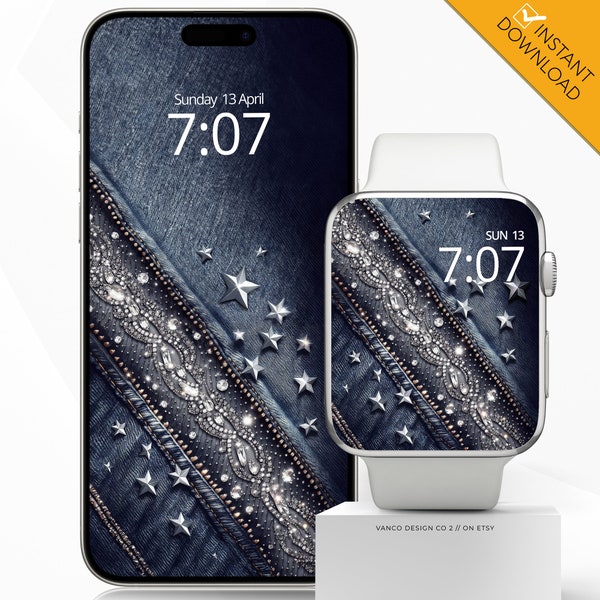 Papier peint pour téléphone Apple Watch visage diamants denim, fond de montre intelligente numérique mode paillettes country chic, strass vintage bleu jean