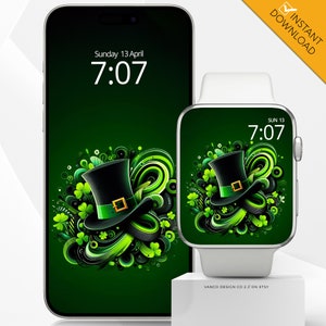 May include: A green, black, and white digital phone and watch wallpaper featuring a leprechaun's hat with a shamrock and swirls. The phone screen displays the time "7:07" and the date "Sunday 13 April". The watch screen displays the time "7:07" and the date "SUN 13".