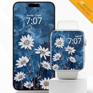 Sfondo primaverile per telefono con quadrante Apple Watch, sfondo digitale floreale botanico per smartwatch con margherite blu, regalo per madri colorate con fiori per iPhone