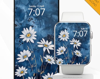 Spring Apple Watch Face Phone Wallpaper, Blue Daisies Floral Botanical Smartwatch Digital Background, iPhone Flowers Colourful Mothers Gift