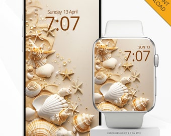 Sommer Phone & Apple Watch Wallpaper, Muscheln Sand Strand Urlaubs Vibe Smartwatch Hintergrund, Sonne Meer Ozean entspannender Urlaub Bildschirmschoner Gesicht