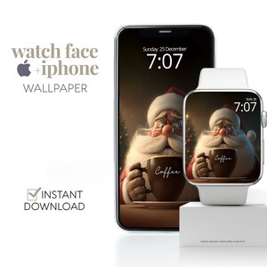 Sfondo natalizio vintage Santa Apple Watch Phone Set, Buon Natale amanti del caffè regalo download digitale schermo design del quadrante