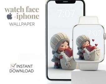 Cadeau coeur d'amour d'hiver papier peint Apple Watch, papier peint montre intelligente Saint Valentin, coeur d'amour Apple Watch visage iPhone papier peint arrière-plan