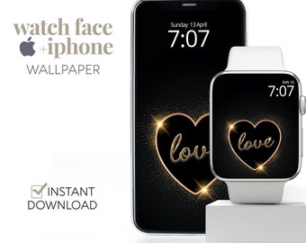 Loveheart Apple Watch Wallpaper, Valentines Day Smart Watch Wallpaper, Gold Bling Love Heart Apple Watch Face & iPhone Wallpaper Background