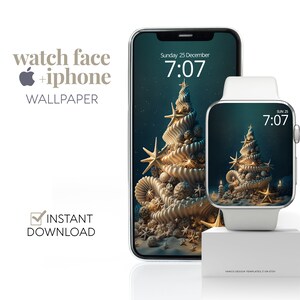 Schermata per orologio intelligente con decorazione di ornamenti per l'albero di Natale con conchiglie, sfondo per orologio intelligente di Natale, design del quadrante dell'orologio per telefono con conchiglia da spiaggia