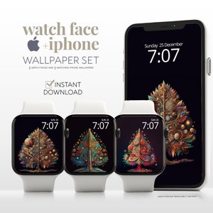 Hippie Boho Apple Watch e sfondo del telefono, pacchetto di quadranti dell'orologio con sfondo dell'albero di Natale Smartwatch degli anni '70, set di estetiche festive vivaci e divertenti x3