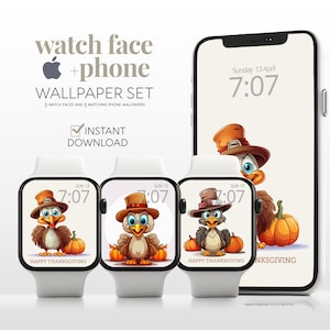 Thanksgiving Apple Watch Face Phone Wallpaper Autumn Fall Aesthetics Set, Happy Turkey Day Pumpkin Watch & Phone Cellphone Background Bundle