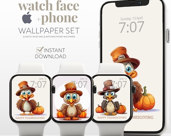 Thanksgiving Apple Watch Face Phone Wallpaper Autumn Fall Aesthetics Set, Happy Turkey Day Pumpkin Watch & Phone Cellphone Background Bundle