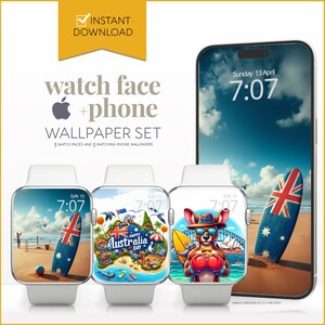 Könnte beinhalten: Ein Set mit drei Zifferblättern und fünf passenden Handy-Hintergrundbildern mit australischem Thema. Die Zifferblätter zeigen ein Surfbrett, einen Koala und ein Känguru. Die Handy-Hintergrundbilder zeigen eine Strandszene, einen Koala, ein Känguru und das Opernhaus von Sydney.
