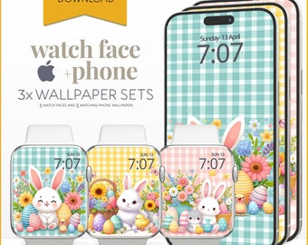 Easter Apple Watch Face Phone Wallpaper, Checkered Spring Smartwatch Digital Background, iPhone Bunny Easter Eggs Aesthetic Wallpaper