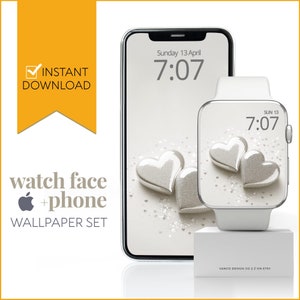 May include: A set of matching phone and Apple Watch wallpapers featuring two silver hearts on a white background with a subtle glitter effect. The phone wallpaper displays the date and time, "Sunday 13 April 7:07", while the watch face displays the time, "7:07", and the date, "SUN 13".