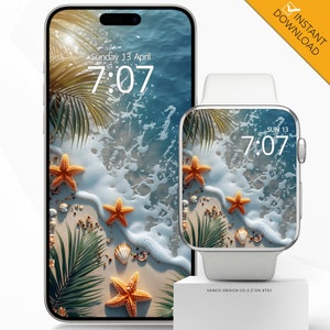 May include: A digital phone and smartwatch display a beach scene with white waves crashing on a sandy shore. The time is 7:07.  The background includes palm leaves and starfish.