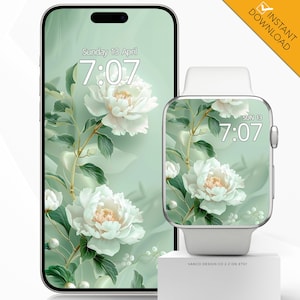 May include: A digital clock face with a green background and white flowers. The clock face shows the time as 7:07 and the date as Sunday 13 April. The clock face is displayed on a smartphone and a smartwatch.