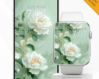 Salbei Grün Apple Watch Face Phone Wallpaper, Chinesische Pfingstrosen Frühling Floral Kunst, Botanischer Smartwatch Hintergrund, iPhone Zierliche Blumen Geschenk