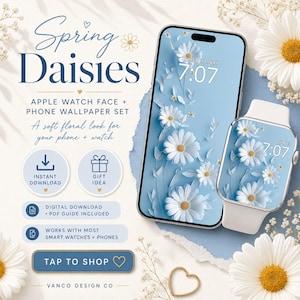 Könnte beinhalten: Ein digitales Set mit einem Handy-Hintergrundbild und einem Apple Watch-Zifferblatt, beide mit einem Gänseblümchen-Blumenmuster. Die Bildschirme von Telefon und Uhr sind hellblau mit weißen Gänseblümchen. Die angezeigte Uhrzeit ist 7:07. Der Text "Spring Daisies" steht oben.