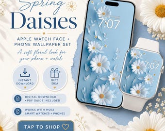 Gänseblümchen Apple Watch Face Phone Wallpaper, Baby Blau Frühling Floral Botanische Smartwatch Digitaler Hintergrund, iPhone Zierliche Blumen Mutter Geschenk