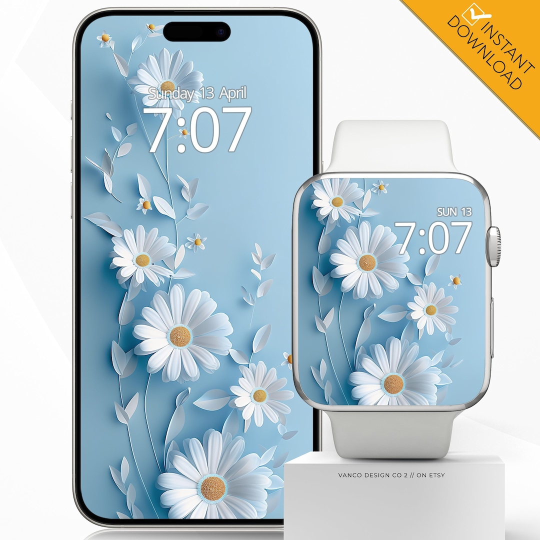 Daisies Apple Watch Face Phone Wallpaper, Baby Blue Spring