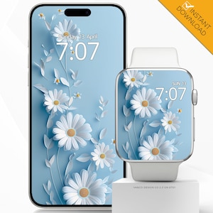 Sfondo per telefono con margherite per Apple Watch, sfondo digitale per smartwatch botanico floreale primaverile azzurro, regalo per la mamma con fiori delicati per iPhone