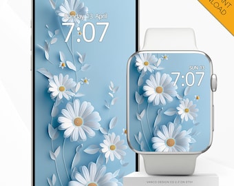 Daisies Apple Watch Face Phone Wallpaper, Baby Blue Spring Floral Botanical Smartwatch Digital Background, iPhone Dainty Flowers Mother Gift