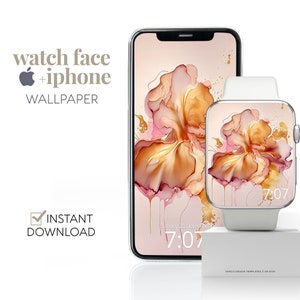 Sfondo di carta da parati rosa in marmo, set di telefoni Apple Watch, quadrante di smartwatch con inchiostro alcolico rosa e oro, elegante, alla moda, design estetico preppy