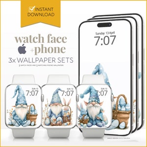 Gnomi di Pasqua Sfondo del telefono con quadrante di Apple Watch, Sfondo digitale blu dello Smartwatch primaverile, Sfondo estetico delle uova di Pasqua del coniglietto di iPhone